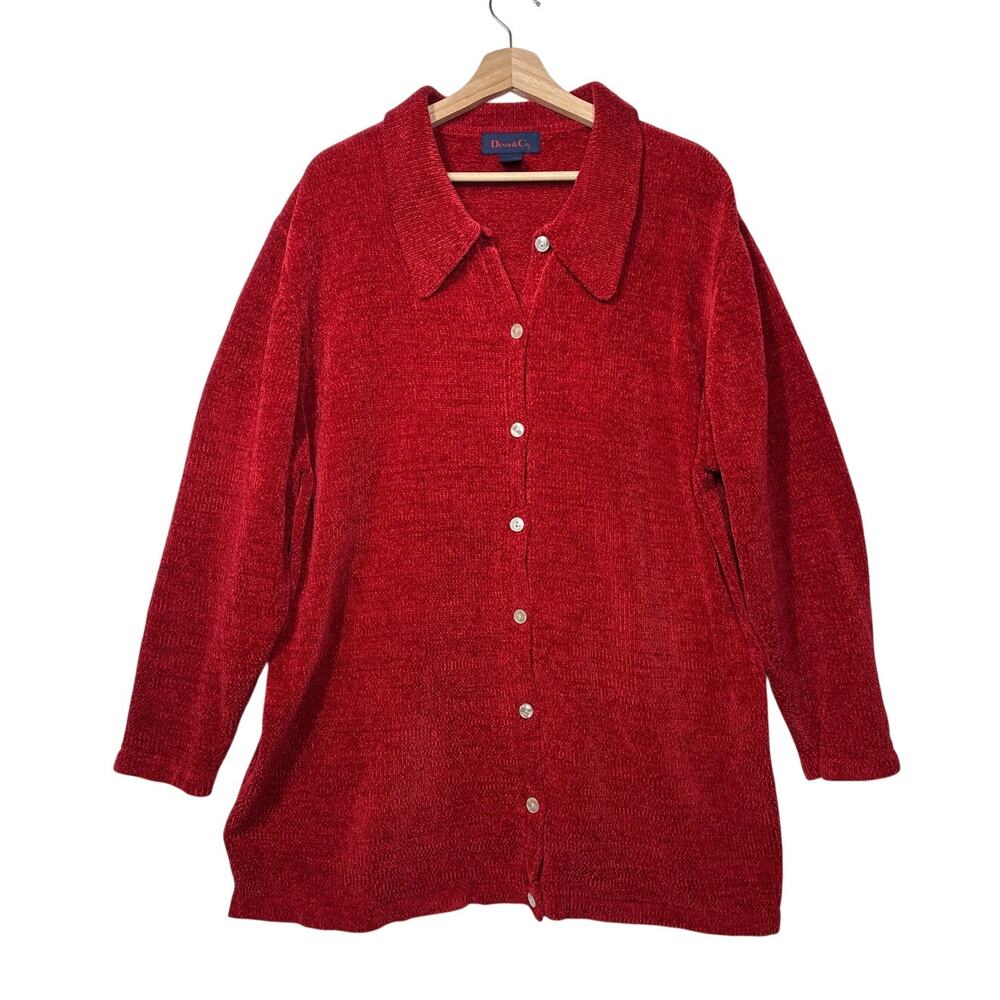 Denim & Co Soft Chenille Red Button Up Cardigan Sweater Cozy Long Sleeve Sz 2X